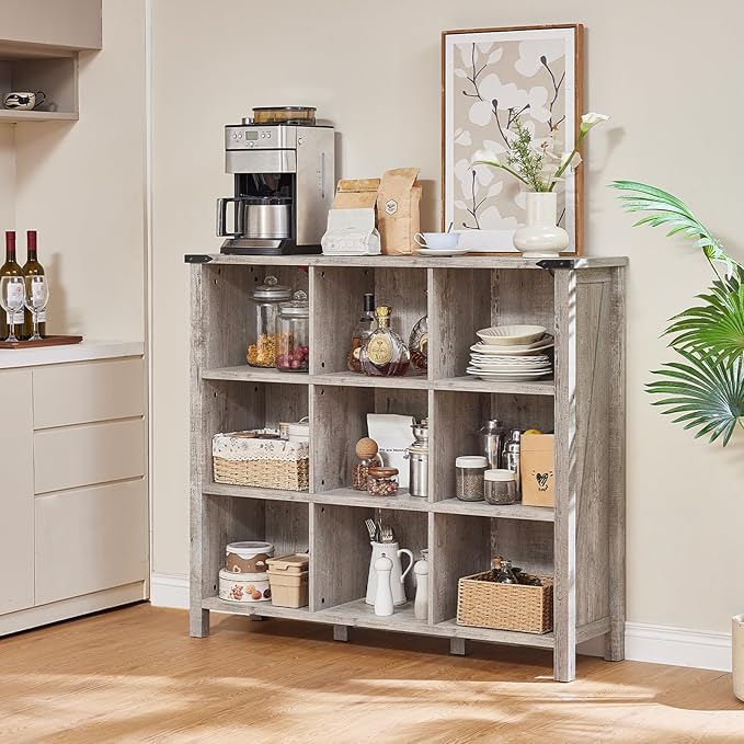 9 Cube Bookcase, Farmhouse 47 Inch Wide Grey Oak Bookshelf, Wooden 3 Tier Display Large Open Book Shelf, Vintage Horizontal Book Case for Home Office, Cubby Storage Cabinet for Living Room