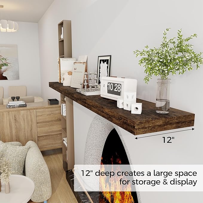 Fun Memories 72 Inch Floating Shelf, 12 Inch Deep Wall Shelf for Fireplace Mantel, Deep Storage Shelves for Home & Office, Wall Shelves with Invisible Bracket, Rustic Brown, Set of 1
