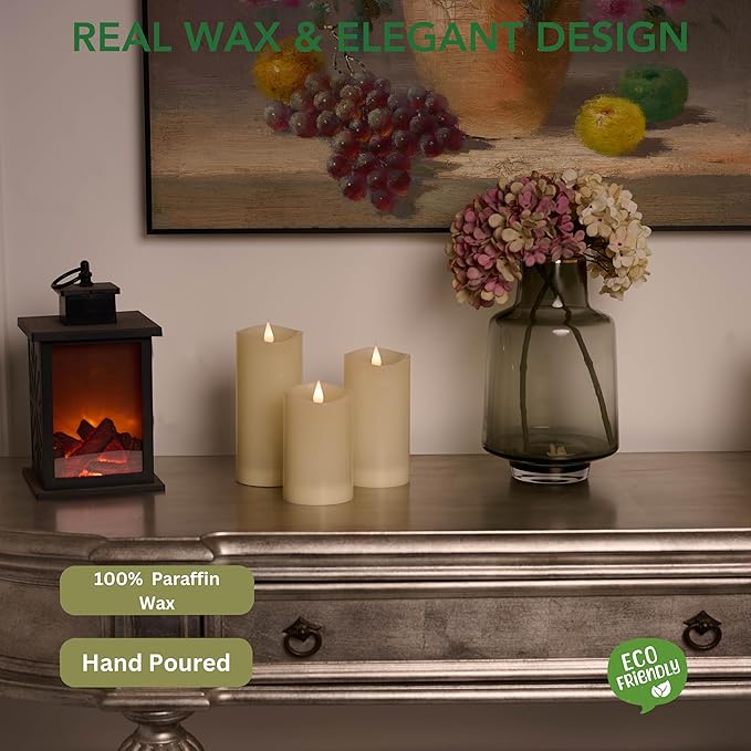 Flickering Flameless Candle, Real Wax LED Pillar Candle with 3D Moving Flame, Battery Operated, Built-in Timer, Ivory, Unscented, Safe for Home Décor, and Holidays 3" x 7.12"