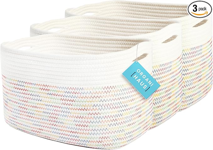 OrganiHaus Set of 3 Rainbow Stiches Woven Storage Baskets for Organizing, Cotton Rope Storage Baskets for Shelves, Soft Bathroom Bins for Organizing, Decorative Cute Nursery Bins for Toys