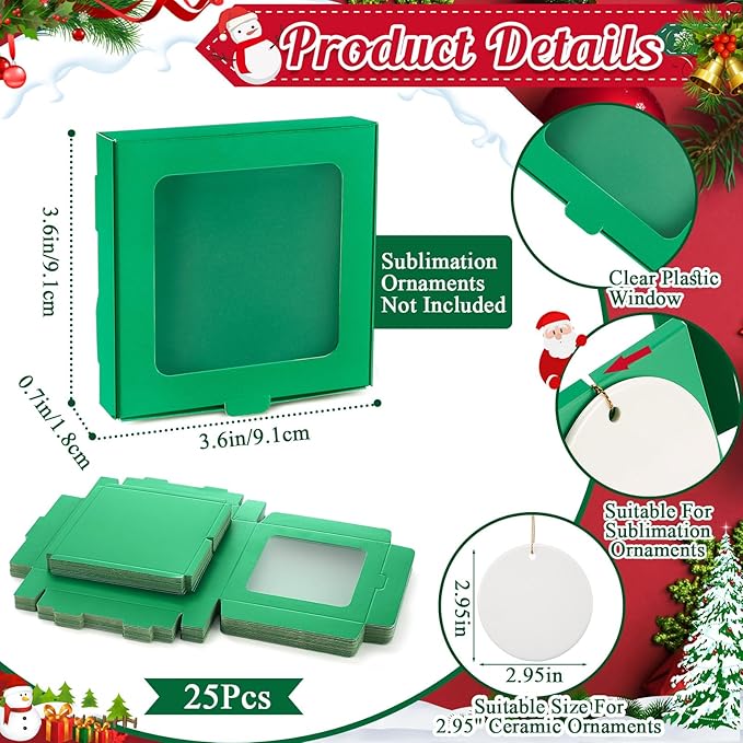 25 Pcs Sublimation Ornament Blanks Box 3.6"x3.6"x0.7" Christmas Ornaments Holder Ceramic Discs Packaging Box with Window for Personalized Xmas Tree Blanks Bulk (Green)