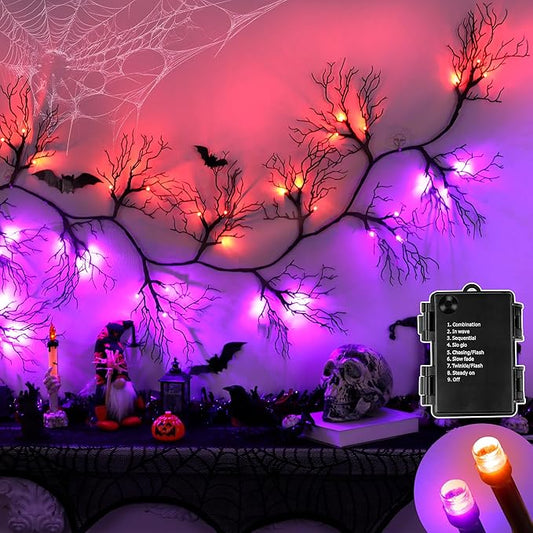 6 FT 45 LED Willow Vine Twig Decor Black Halloween Garland with Orange Purple Lights, Timer 8 Modes Waterproof Battery Operated Indoor Halloween Decorations for Wall Fireplace Mantle Home Office Decor