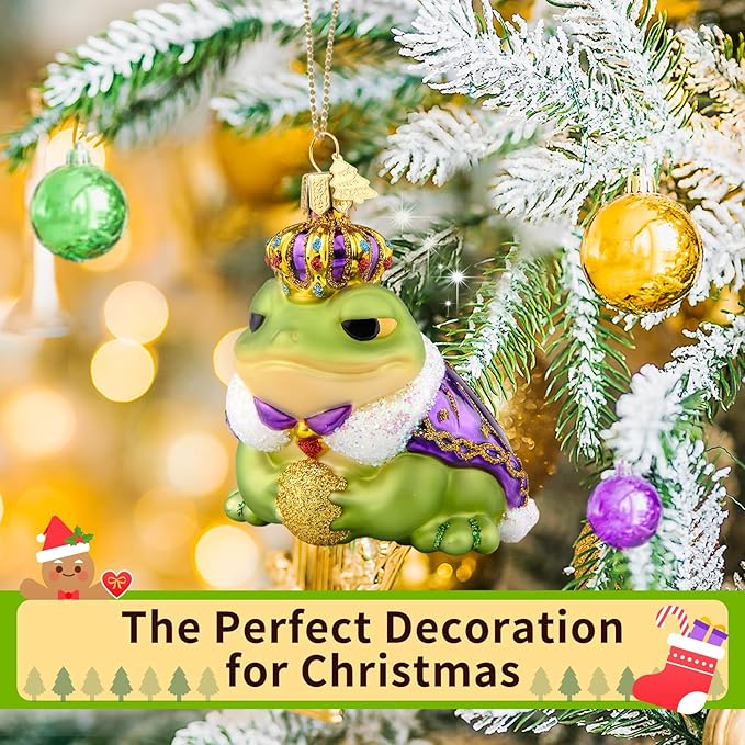 Frog Christmas Tree Ornaments,Hand-Blown Glass Ornaments,Frog Prince Watcher Collection Figurines Hanging Ornament,Christmas Decorations for Animal Lovers Holiday Party Home Gift