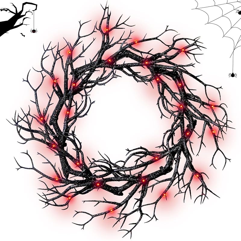 Halloween Black Branch Wreath - 16.5 Inch Glitter Black Twig Halloween Wreaths with Red Lights for Front Door Indoor Outdoor Party Window Wall Decor Farmhouse Garland Yard