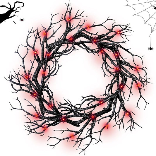 Halloween Black Branch Wreath - 16.5 Inch Glitter Black Twig Halloween Wreaths with Red Lights for Front Door Indoor Outdoor Party Window Wall Decor Farmhouse Garland Yard