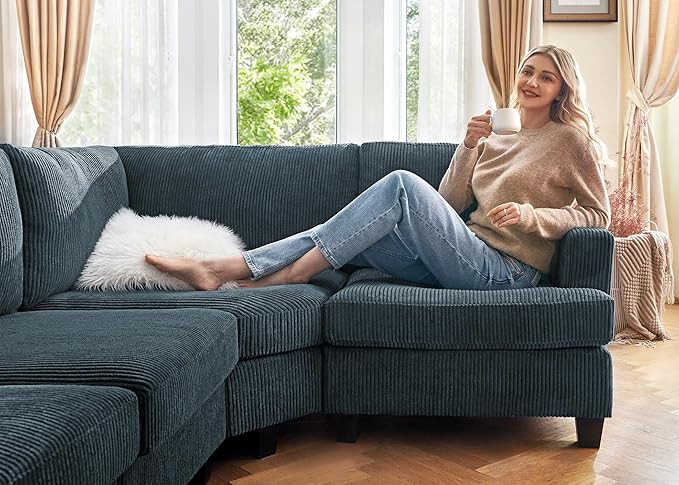 Nolany Sectional Sofa with Storage Ottoman, U Shape Sectional Couch with Chaise, Corduroy Modular Sectional Couches for Living Room, Blue
