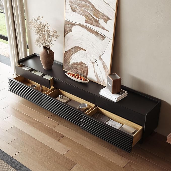 POVISON Fully-Assembled Mid Century Modern TV Stand with Legs, Wood Media Console with Adjustable LED Light, Entertainment Center with Storage for Living Room