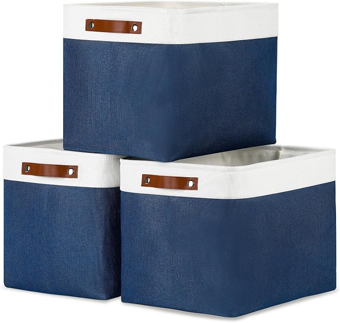 DULLEMELO Large Storage Baskets with Leather Handles for Linen Closet and Home Office, Decorative Baskets for Toys Storage (White & Blue)