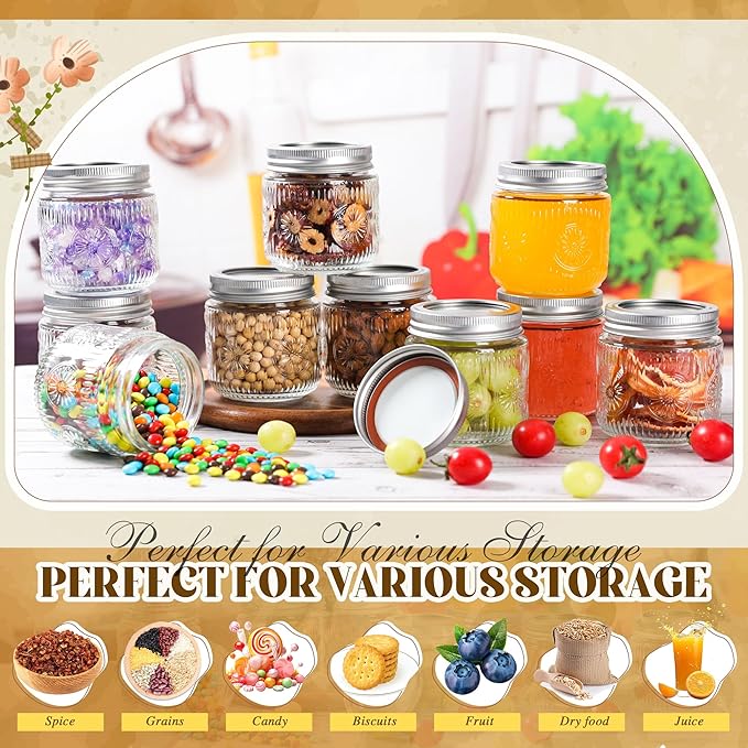 Mason Jars 8 oz - Vintage Small Glass Mason Jars with Silver Metal Lids, Regular Mouth Canning Jars, Safe For Storage, Canning, Pickling, Preserving, Fermenting, DIY Crafts & Decor (6Pack)