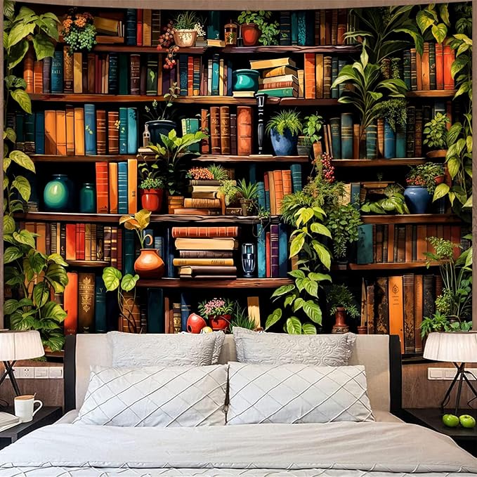 Accnicc Botanical Bookshelf Tapestry Lush Green Plant Book Shelf Tapestries Wall Hanging Art Vintage Retro Potted Plants Academics Small Library Tapestry for Bedroom Living Room Dorm 60 x 44 inch