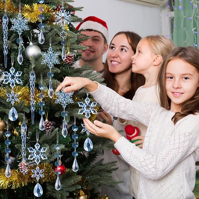 18pcs Crystal Christmas Ornaments for Christmas Tree Decorations-Blue Hanging Acrylic Snowflake and Icicle Ornaments with Drop Pendants for New Year Party Decorations Supplies