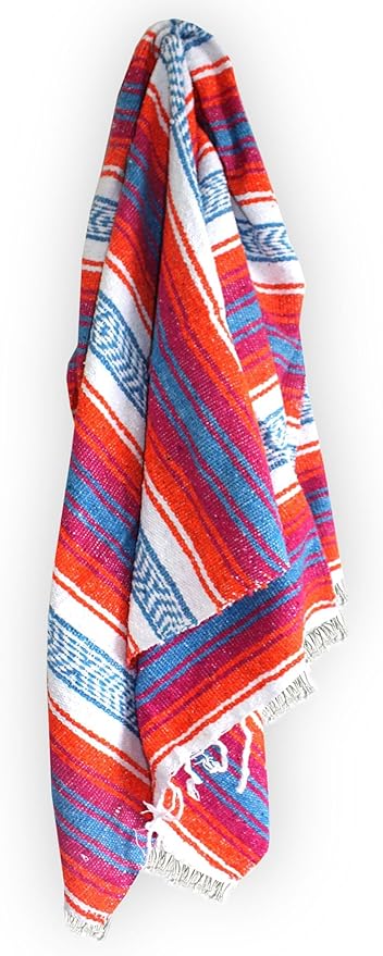Del Mex Classic Mexican Blanket, Large Authentic Woven Falsa Throw (70"x50"), Artisan Southwest Décor for Beach, Yoga, Outdoors (Orange/Pink/Blue)