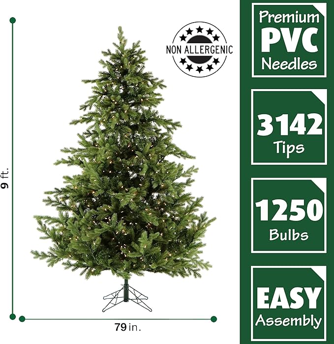 Fraser Hill Farm 9-Ft. Foxtail Pine Artificial Christmas Tree with Warm White LED Lights and Stand, Prelit Foldable Fake Tree with Realistic Foliage for Home Decoration