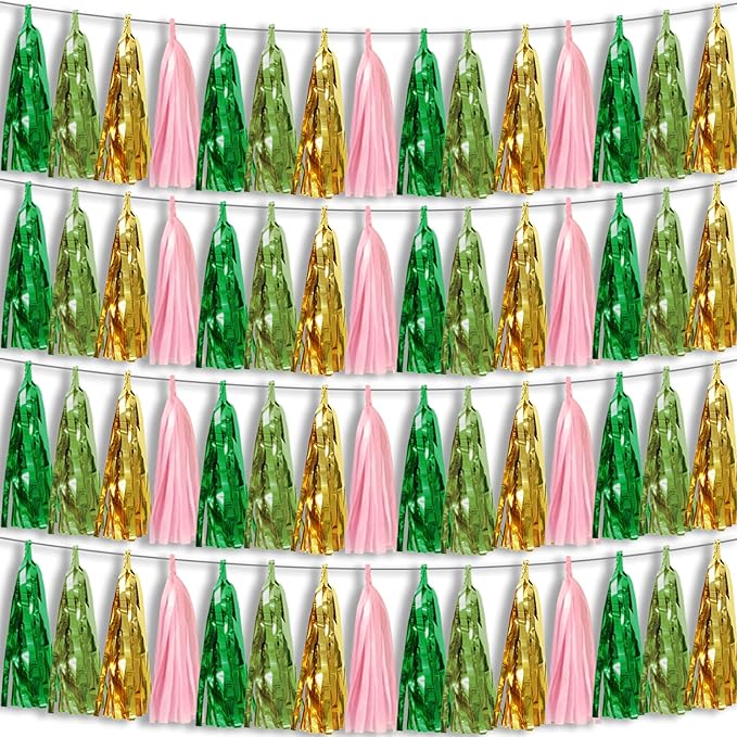 4P Sage-Green Pink-Gold Foil Fringe Metallic Tassel Garland, Tassels Banner Streamers for Parade Floats, Bachelorette, Wedding, Birthday, Halloween, Christmas, Bridal/Baby Shower Party Decorations