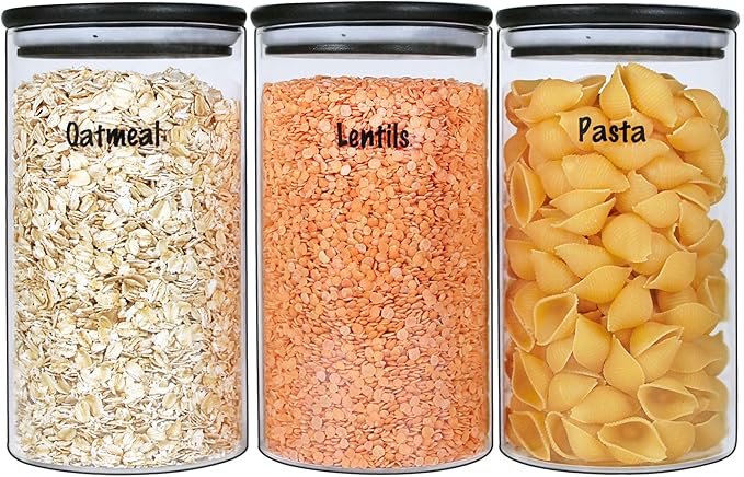 Urban Green Glass Jars with Black Lids, Glass food storage container sets with black lids, Airtight Canisters Sets with Bamboo Lids. Pantry Jar (3 Pack of 48oz)