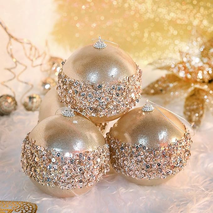 4pc Champagne Shatterproof 4" Christmas Ball Ornaments for Trees, Weddings, Holiday Decor