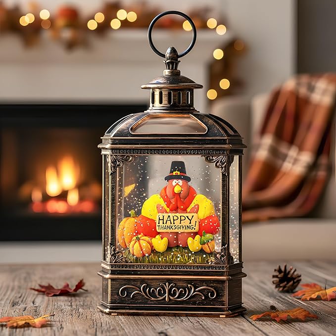 Fall Snow Globe Lantern -Thanksgiving Turkey with Pumpkins Spinning Water Lantern with Swirling Glitter Fall Decorations for Home, Thanksgiving, Autumn Harvest Fall Decor