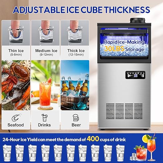 Commercial Ice Maker Machine, 110Lbs/24H, 30Lbs Storage, 36Pcs Clear Ice Cubes in 10-15Mins, Stainless Steel Under Counter or Freestanding Ice Machine - 2 Water Inlet Modes, for Home Party Office