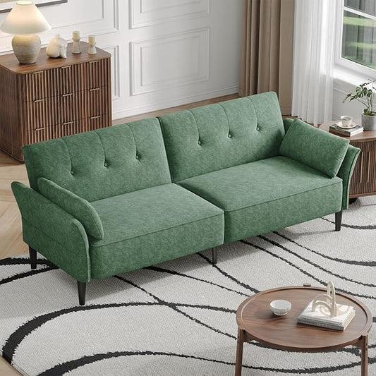 89” Futon Sofa Bed, Comfy Futon Couch Bed with 2 Square Pillows, Convertible Sleeper Sofa with Adjustable Backrest& Armrests, Modern Loveseat Sleeper for Living Room, Bedroom,Light Green