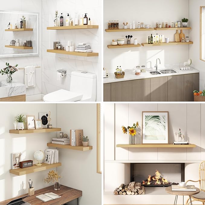 Dreamland 40 Inches Floating Shelves for Wall, 9.3" Deep Long Floating Shelves Set of 2, Large Display & Storage Shelf, Wall Shelf for Bathroom Bedroom Living Room Kitchen Office, Oak