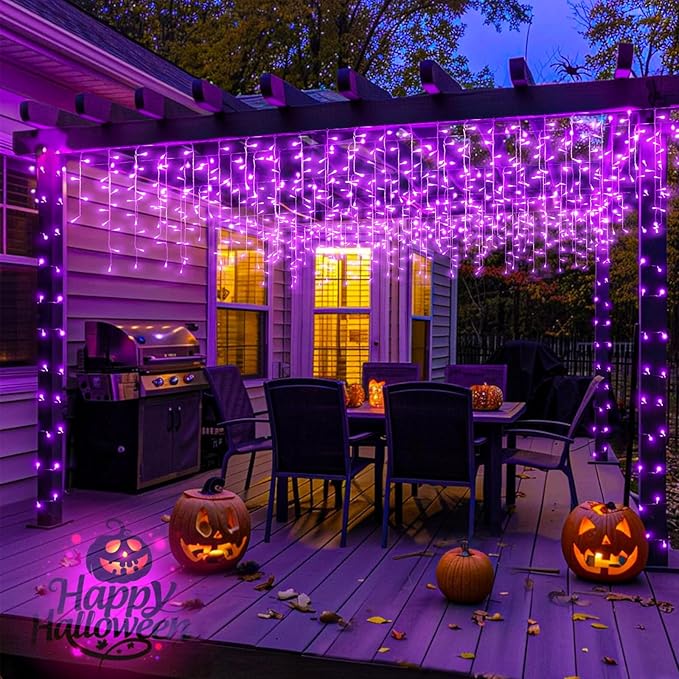 66ft Purple Halloween Lights Outdoor, 640 LED Icicle Lights for Outside Indoor Twinkle Lights with Connectable Clear Wire 8 Modes Timer Waterproof for House Party Tree Holiday Yard Decorations