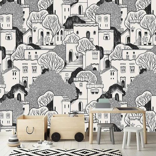 AFZEVEB-Black House with Trees Nursery Wallpaper murals for Bedroom 136"x96" (Not Peel and Stick)