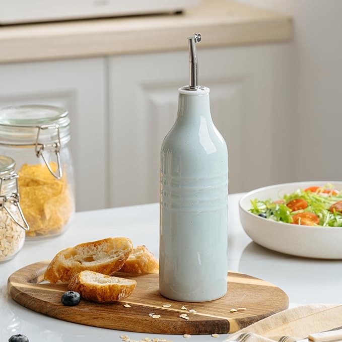 famiware Jupiter 16oz Ceramic Olive Oil Dispenser Bottle, Olive Oil and Vinegar Dispenser Bottle Set of 2 with Stainless Steel Pourers, Suitable for Storage Vinegar, Liquids, Light Blue