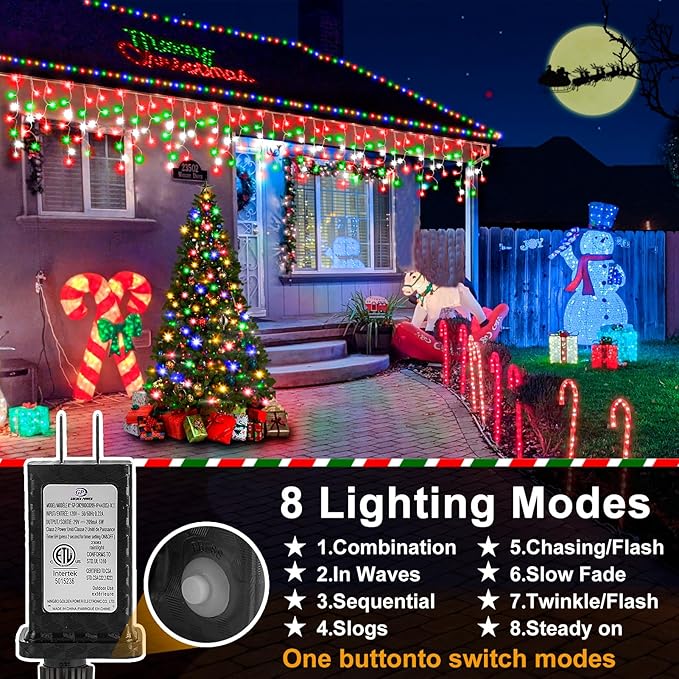 Christmas Lights Outdoor, 164FT 1600 LED Ice Lights for Outside, 320 Drops Ice String Lights with 8 Modes, Waterproof Timer & Memory for Yard, Garden, Eaves, Patio, Party (Red Green and Cool White)