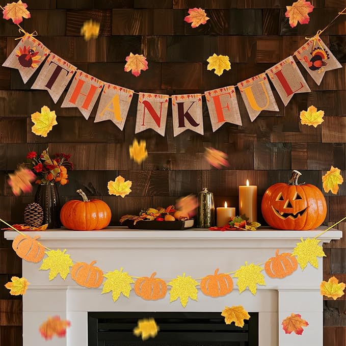 Fall Party Decorations, with Pre-strung Thankful Burlap Banner and Maple Leaf Confetti for Autumn Thanksgiving Home Decorations
