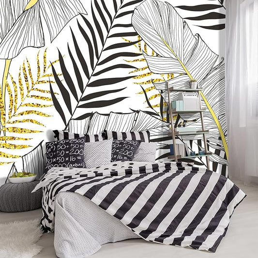 '-Black and Gold Tropical Botanical Banana Leaf Fabric Wallpaper Living Room Bedroom Bathroom Abstract Plant Large Wall Mural- 137"x96"（ not Peel and Stick）