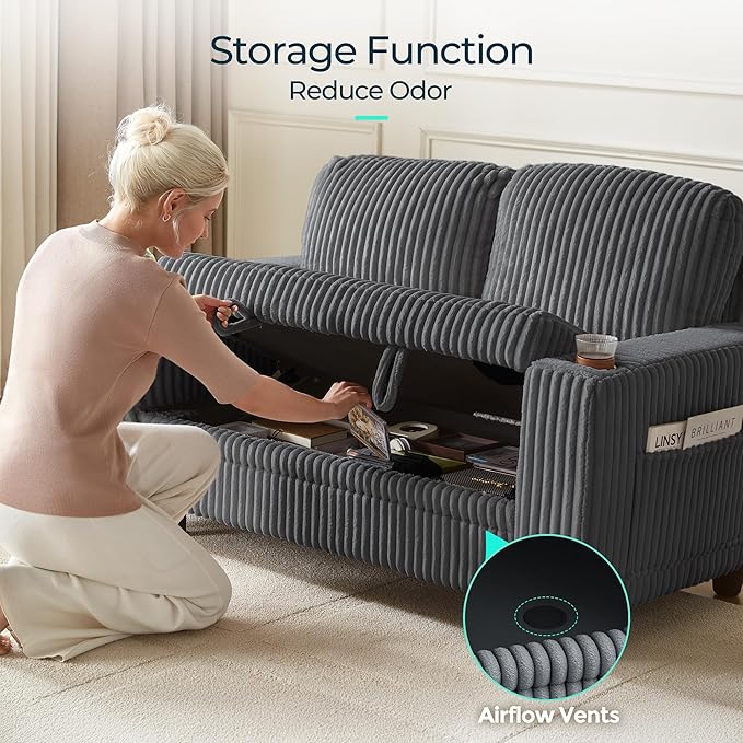 LINSY HOME Loveseat Sofa with Storage - Comfy Plush Corduroy 2 Seater Sofa with USB Charging & Cup Holders, Deep Seat Love Seat for Small Spaces Living Room Bedroom Apartment, Grey