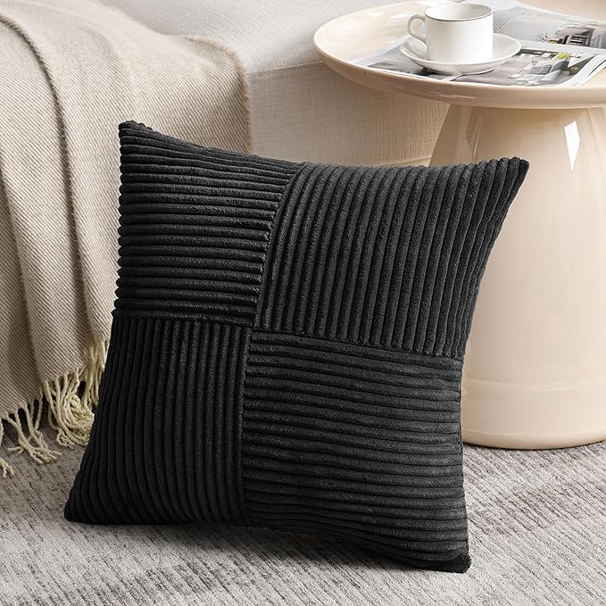 Fancy Homi 2 Packs Black Decorative Throw Pillow Covers 16x16 Inch for Living Room Couch Bed Sofa, Rustic Farmhouse Boho Home Decor, Soft Corss Patchwork Corduroy Textured Square Cushion Case 40x40 cm