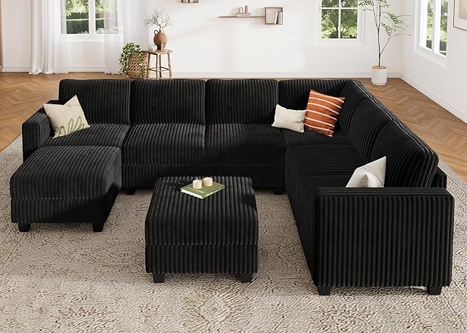 HONBAY Corduroy Sectional Couch with Storage U Shaped Sectional Sofa Modular Sectional Couches for Living Room, Black