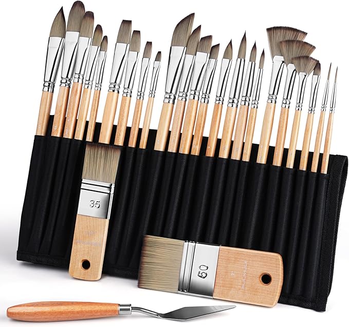 Fuumuui 26pcs Paint Brushes, Professional Acrylic Paint Brush Set Artists Complete Range of Sizes with Upgraded Short Handle Wide Flat & Palette Knife for Acrylic, Oil, Watercolor, Gouache