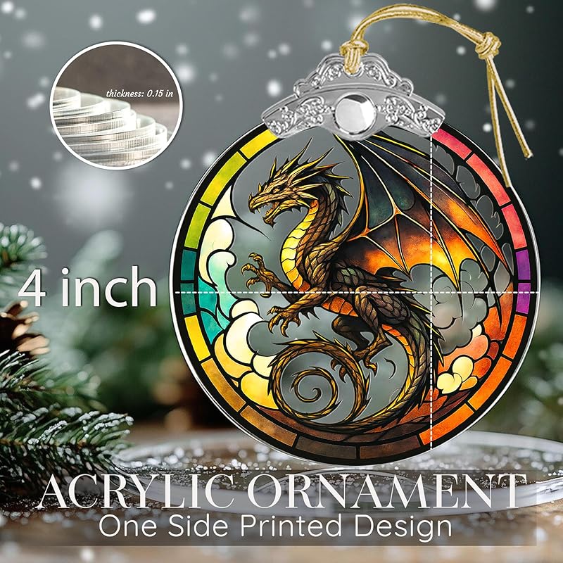 Dragon Stained Art Window Hanging – Fantasy Dragon Ornament for Christmas Tree or Home Decor – ACOTAR Fourth Wing DnD Gift – Dungeons and Dragons Decor for Fans