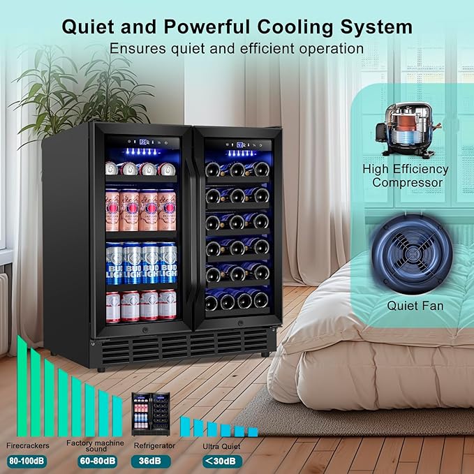30'' Wine and Beverage Refrigerator, Upgrade Dual Zone Wine Cooler, 30 Inch Wine beverage Fridge Built in or Freestanding Under Counter Large Capacity Glass Door Advanced Cooling System,Black