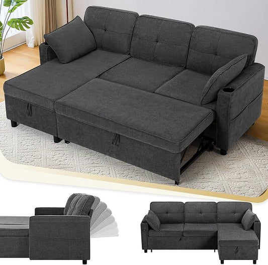 84 Inches Fabric Sectional Sofa w/Pull Out Sofa Bed & Adjustable Back, Tufted L Shaped Couch w/Storage Chaise, Sleeper Sectional Sofa w/USB Port & Cup Holders for Living Room, Grey