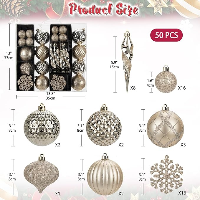 50PCS Christmas Tree Ornaments Set with Shatterproof Balls Icicle Snowflake Hanging Ornaments for Home Office Farmhouse Christmas Decorations, Champagne
