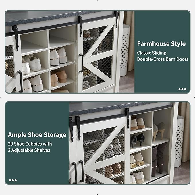 JXQTLINGMU 59" Farmhouse Hall Tree with Shoe Storage, Entryway Bench with 20 Cubbies, 12 Hooks & Sliding Barn Doors, Mudroom Coat Rack Cabinet, Off White