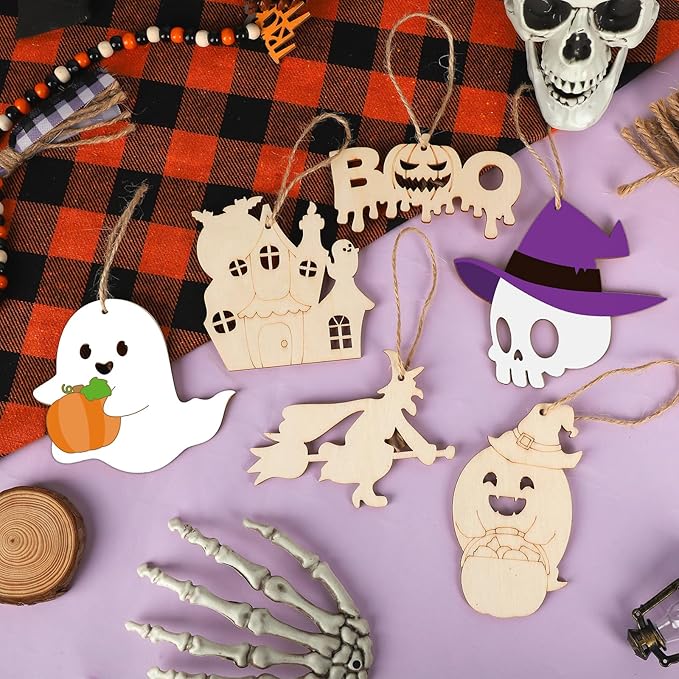 24 PCS Unfinished Wooden Halloween Crafts, Pumpkin Ghost Shaped Hanging Ornaments DIY Wood Craft Cutouts for Home Party Decor (Halloween)