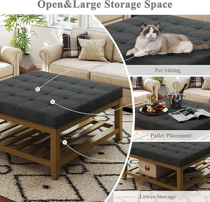 Large Square Ottoman Coffee Table, Linen Solid Upholstered Footrest Ottoman with Solid Wood Shelf Storage Tufted Coffee Table for Bedroom Living Room, Dark Gray