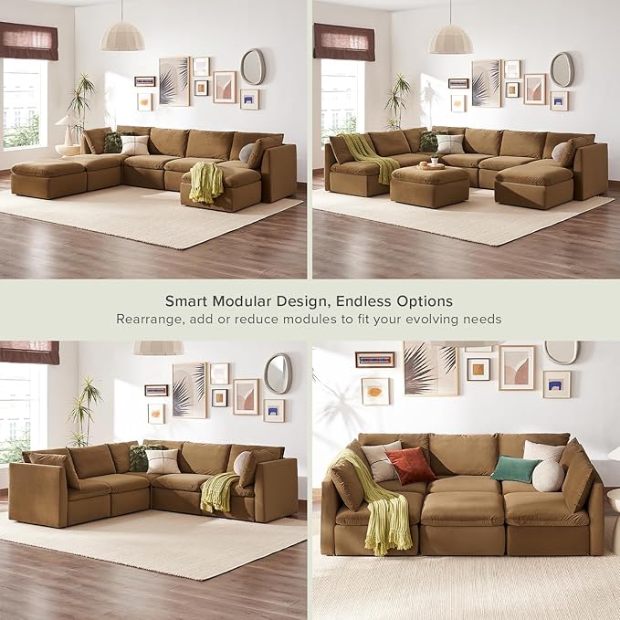 mopio Oversized Modular Sectional Sofa with Fully Removable Covers and Storage, Convertible U & L Shaped Sectionals, Modern Cloud Couch with Ottoman Chaise (Hazelnut Velvet, 7 Seats, U)