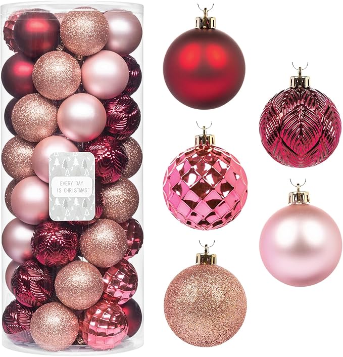 Every Day is Christmas Ornaments, Shatterproof Christmas Tree Ornament Set, Christmas Balls Decoration 50 Count (2.24"/57mm, Pink Rose)