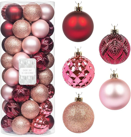 Every Day is Christmas Ornaments, Shatterproof Christmas Tree Ornament Set, Christmas Balls Decoration 50 Count (2.24"/57mm, Pink Rose)