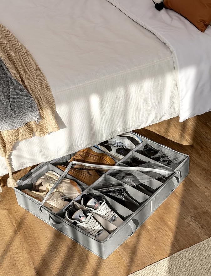 StorageWorks Under Bed Shoe Storage Organizer, Underbed Shoes Container with Adjustable Dividers, Shoe Storage Basket with Cover, Grey, 2-Pack, Space-Saving Shoe Box Fits up to 24 Pairs