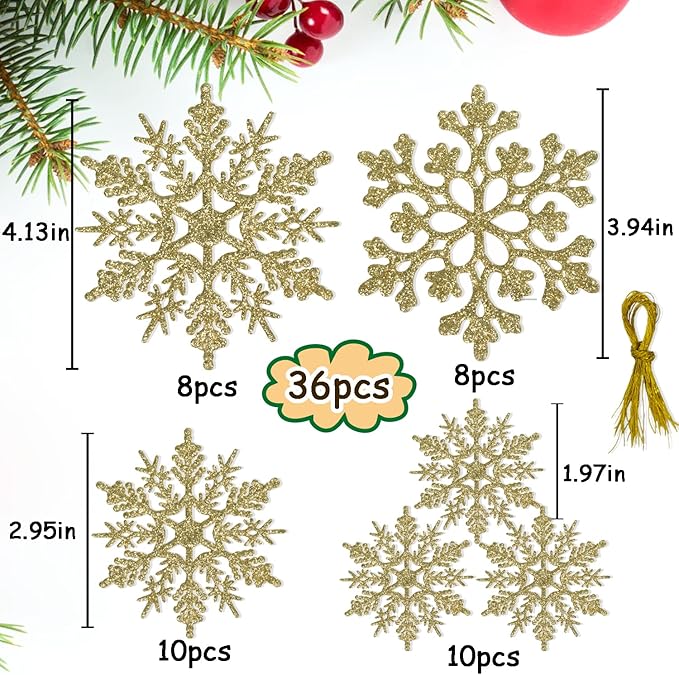 36pcs Christmas Gold Snowflake Ornaments Plastic Glitter Snow Flakes Ornaments for Winter Christmas Tree Decorations Size Varies Craft Snowflakes