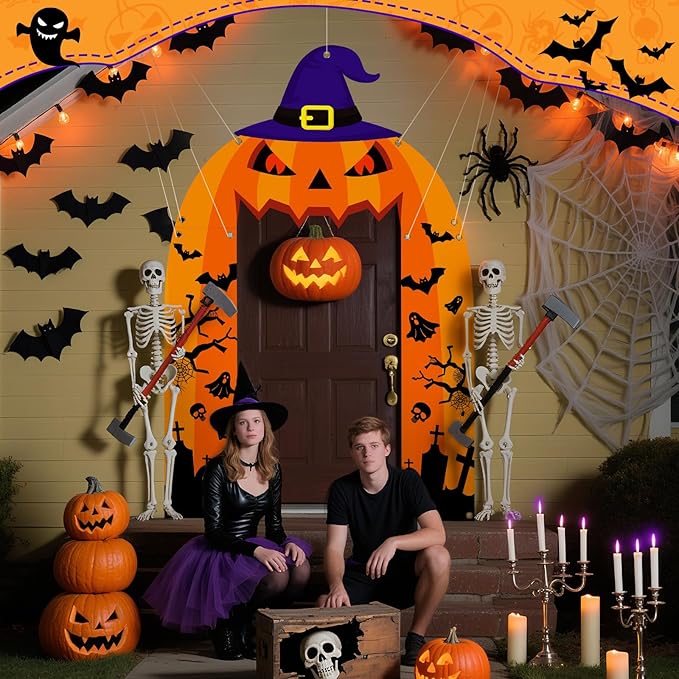 Halloween Pumpkin Party Porch Banner Witch Hat Grimace Pumpkin Archway Door Banner for Halloween Decorations Porch Sign for Birthday Photo Backdrop Outdoor Front Door Cover Indoor Hanging Supplies