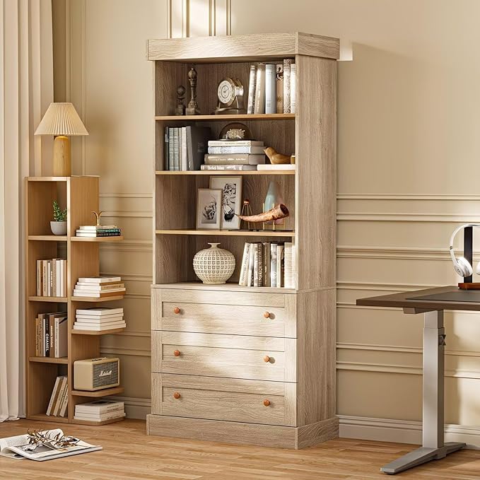 Vyre 71" Tall Farmhouse Bookshelves with Drawers, Set of 2 – Large Modular Bookcase with Adjustable Shelves, Storage Cabinet for Living Room, Kitchen, Home Office, Brown