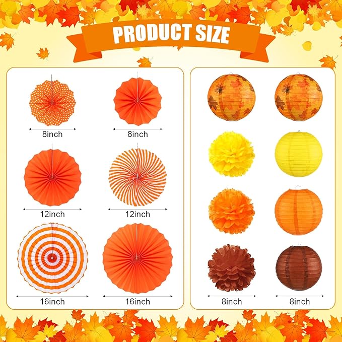 28 Pcs Fall Party Decoration Thanksgiving Party Supplies Include Thankful Happy Fall Banner Autumn Paper Lanterns Pom Pom Hanging Fans Bunting Garland Swirl Streamers for Thanksgiving Harvest