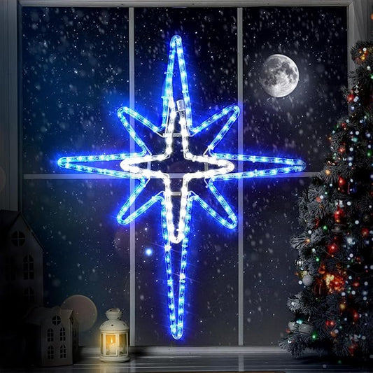 28" Christmas Star of Bethlehem LED Star Hanging Lights Nativity Holy Family Light for Door Window Porch Wall Decoration Plug Operated Lighted Hanging Tree Topper(Blue, White)